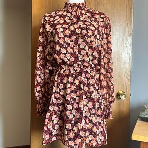 Sanctuary Floral High Neck Long Sleeve Floral Chiffon Mini Dress Size L